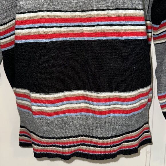 Vintage 70s Kmart striped black, red, gray & tan cream acrylic sweater with hood - Picture 3 of 9